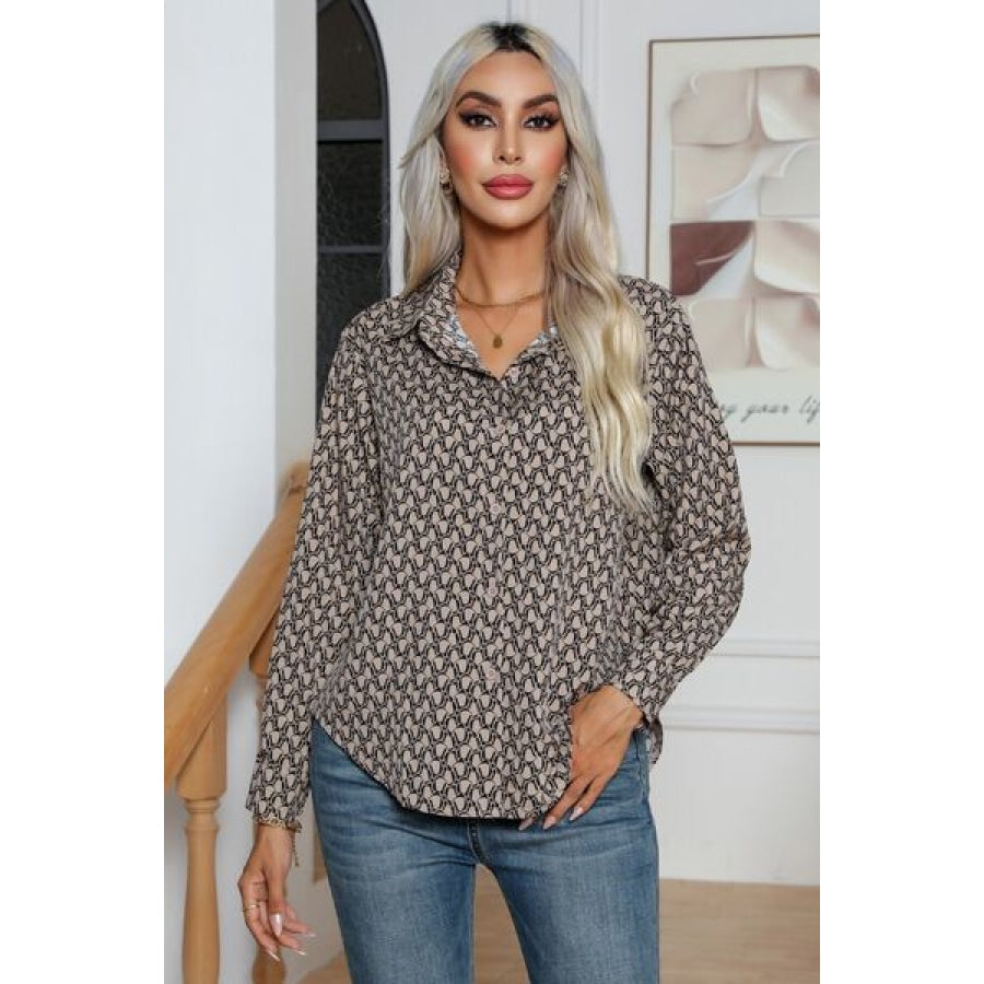 Printed Buttoned Long Sleeve Shirt Khaki / S Clothing