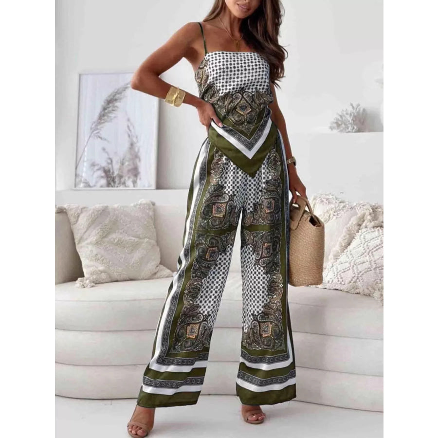 Printed Cami and Wide Leg Pants Set Army Green / S Apparel and Accessories