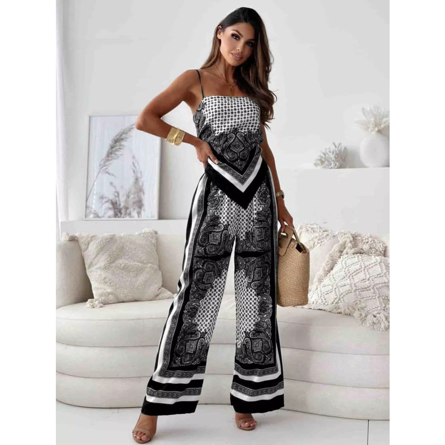 Printed Cami and Wide Leg Pants Set Black / S Apparel and Accessories