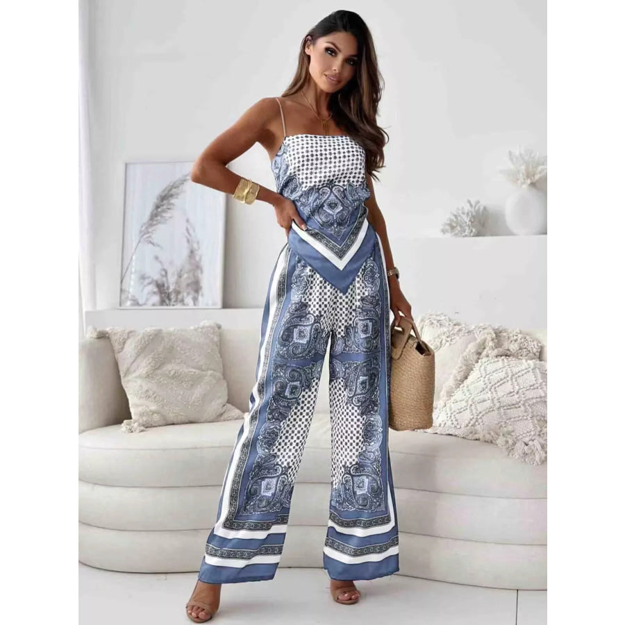 Printed Cami and Wide Leg Pants Set Light Blue / S Apparel and Accessories