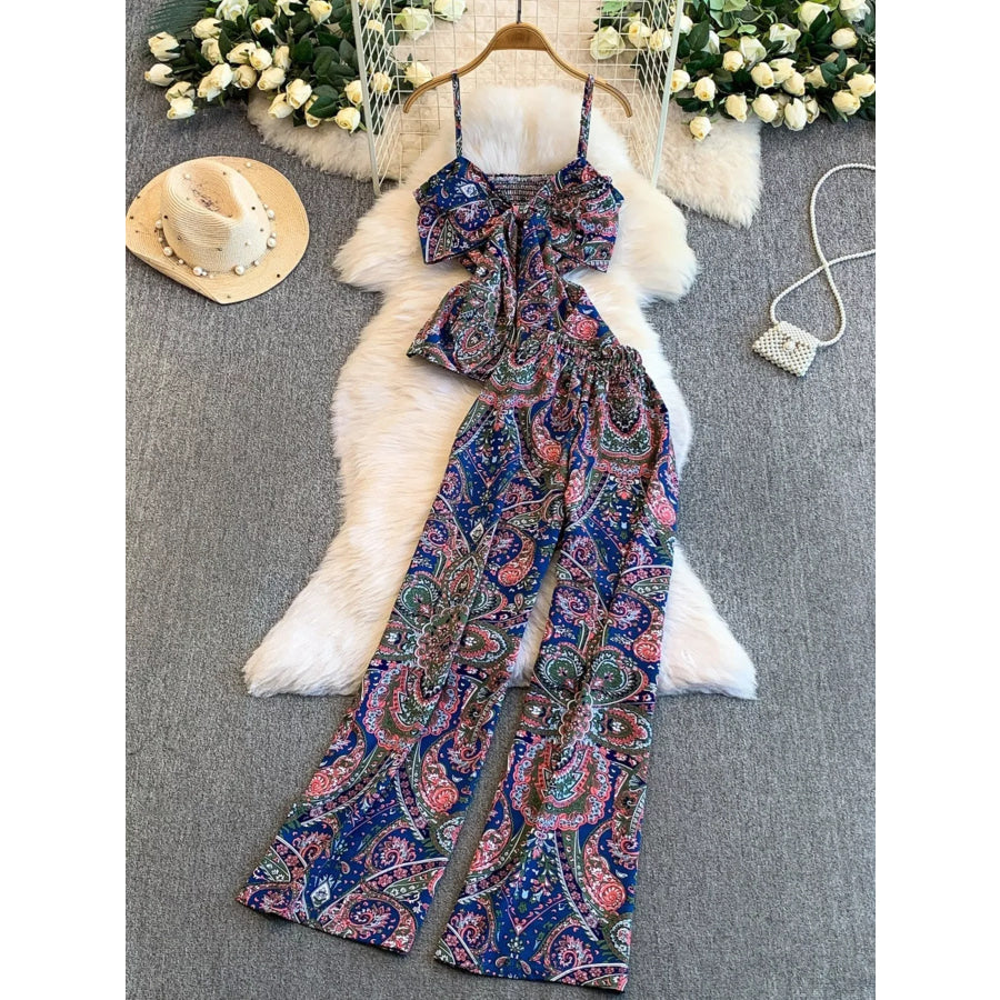 Printed Cami and Wide Leg Pants Set Navy / One Size Apparel and Accessories