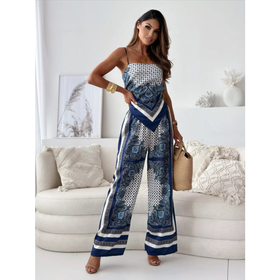Printed Cami and Wide Leg Pants Set Peacock Blue / S Apparel and Accessories