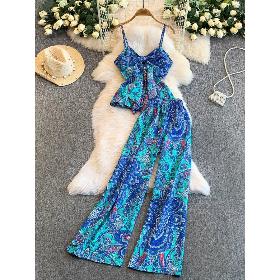 Printed Cami and Wide Leg Pants Set Royal Blue / One Size Apparel and Accessories