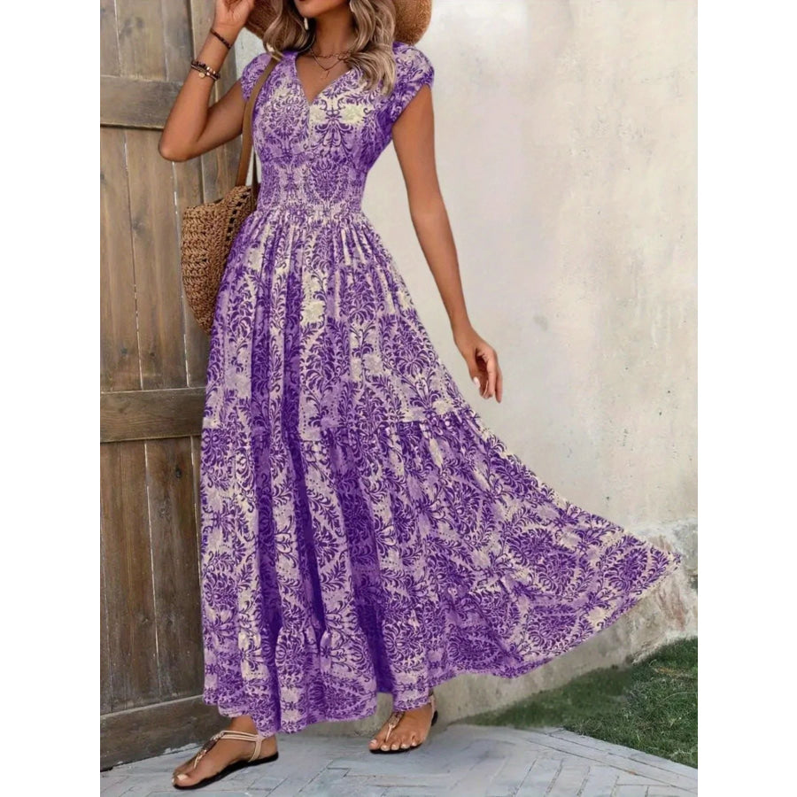 Printed Cap Sleeve Maxi Dress Apparel and Accessories