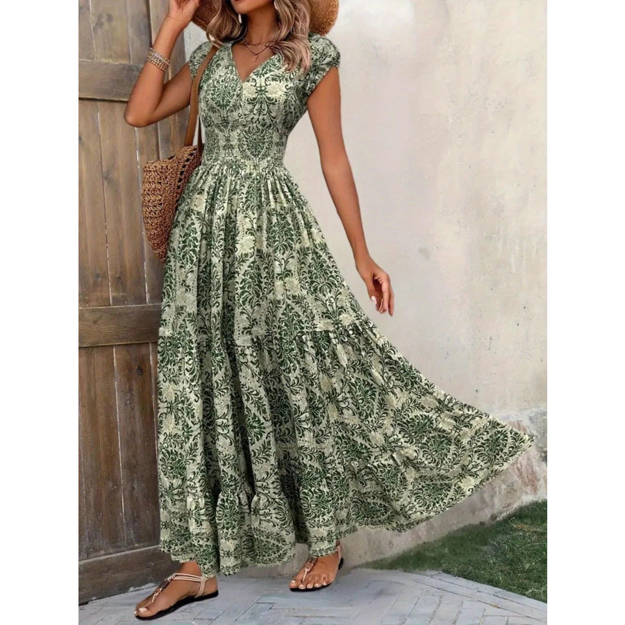 Printed Cap Sleeve Maxi Dress Apparel and Accessories