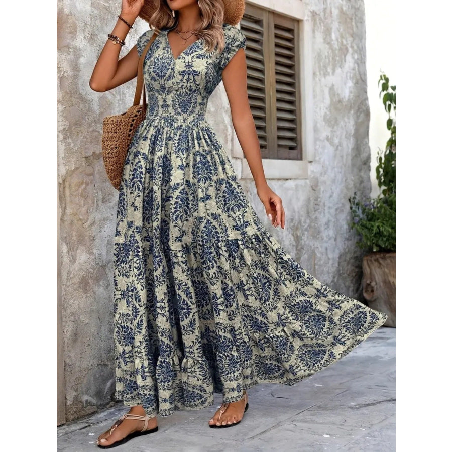 Printed Cap Sleeve Maxi Dress Apparel and Accessories