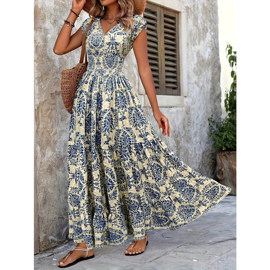 Printed Cap Sleeve Maxi Dress Blue / S Apparel and Accessories