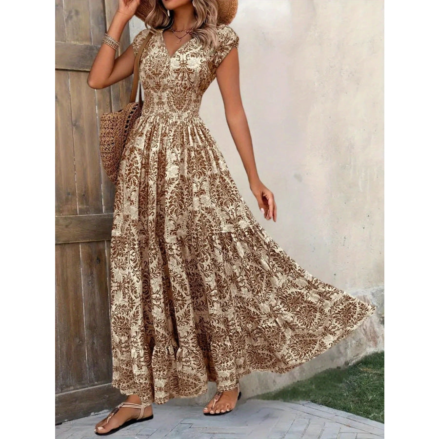 Printed Cap Sleeve Maxi Dress Brown Flower / S Apparel and Accessories