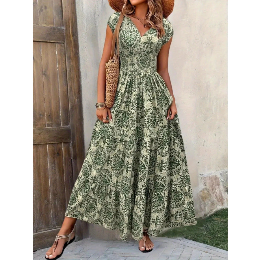 Printed Cap Sleeve Maxi Dress Green Flower / S Apparel and Accessories