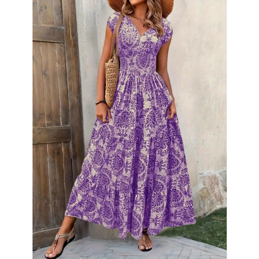 Printed Cap Sleeve Maxi Dress Purple Flower / S Apparel and Accessories