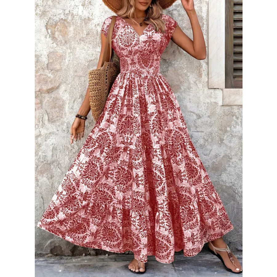Printed Cap Sleeve Maxi Dress Red / S Apparel and Accessories