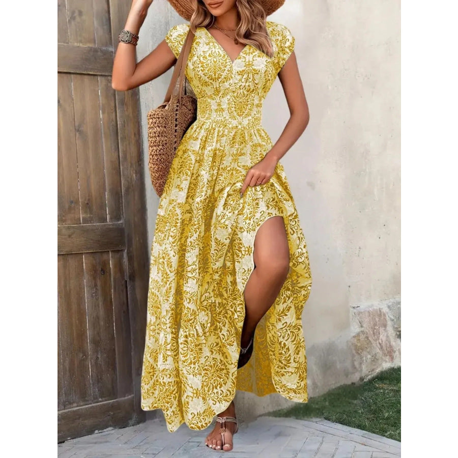 Printed Cap Sleeve Maxi Dress Yellow Flower / S Apparel and Accessories