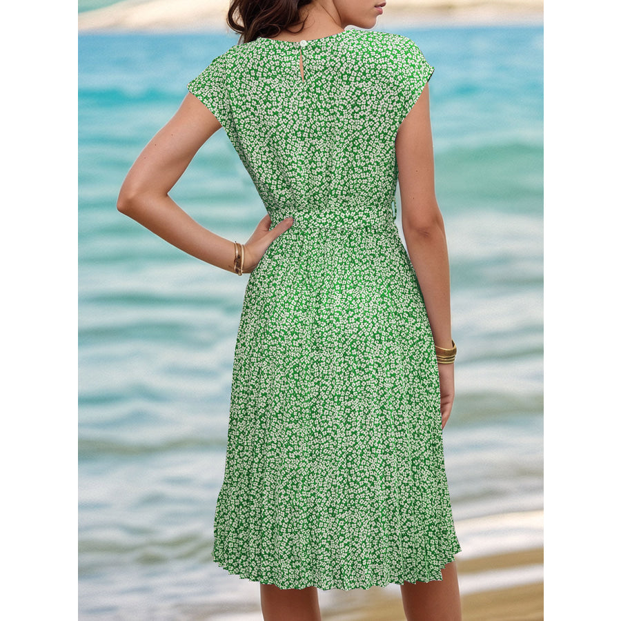 Printed Cap Sleeve Tie Waist Dress Apparel and Accessories