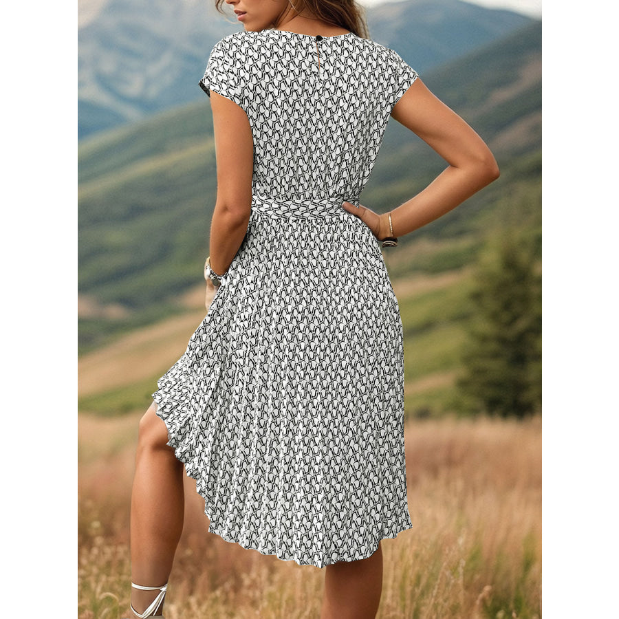 Printed Cap Sleeve Tie Waist Dress Apparel and Accessories