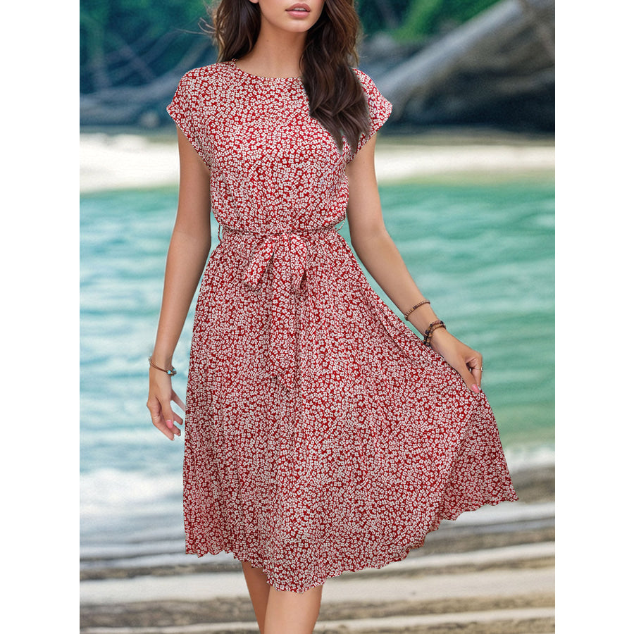 Printed Cap Sleeve Tie Waist Dress Apparel and Accessories