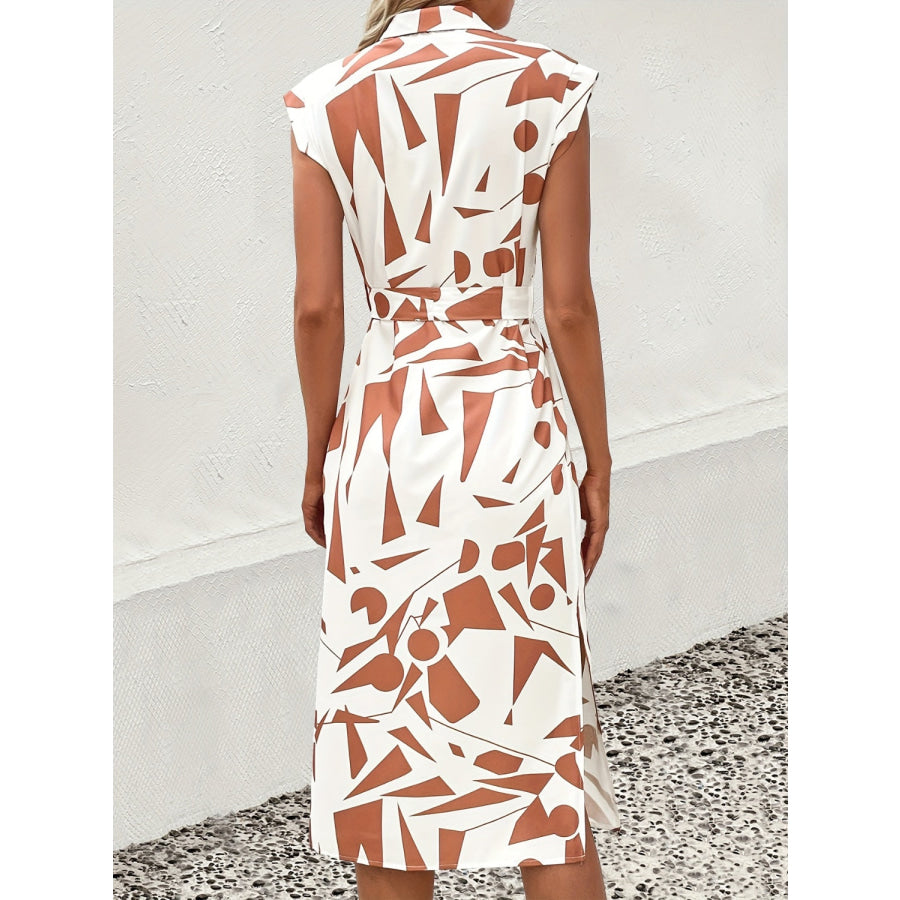 Printed Cap Sleeve Tie Waist Dress Caramel / S Apparel and Accessories