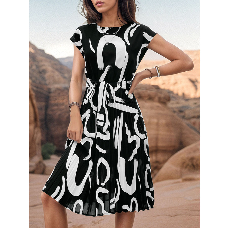 Printed Cap Sleeve Tie Waist Dress Apparel and Accessories