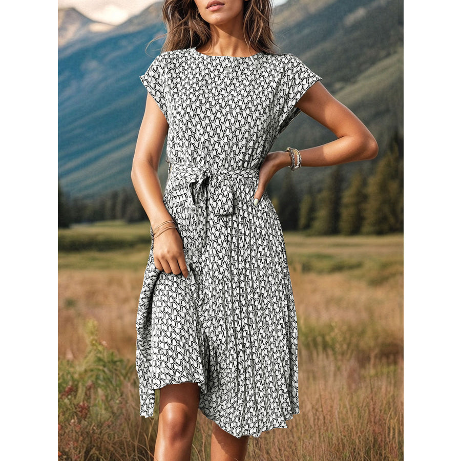 Printed Cap Sleeve Tie Waist Dress Apparel and Accessories