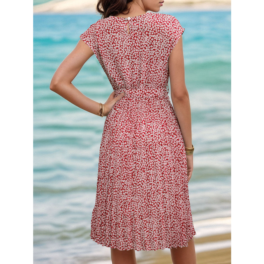 Printed Cap Sleeve Tie Waist Dress Apparel and Accessories