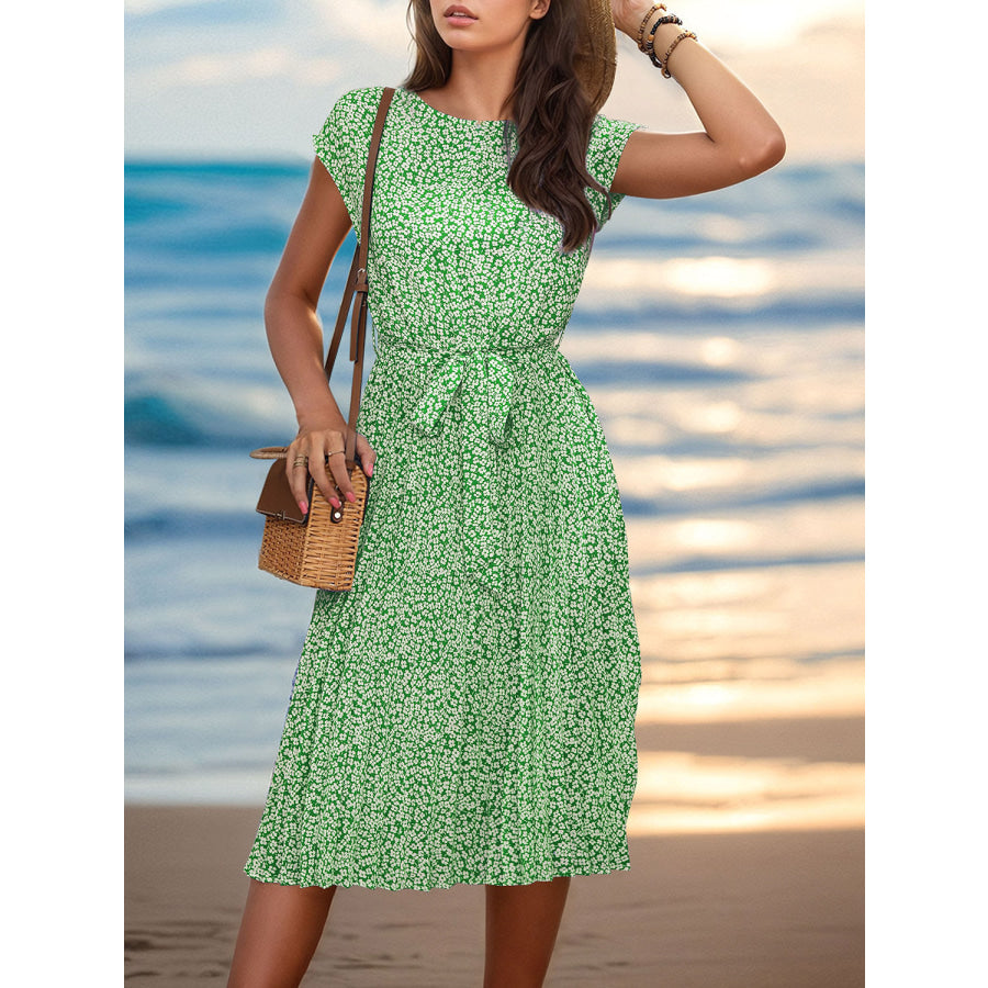 Printed Cap Sleeve Tie Waist Dress Apparel and Accessories