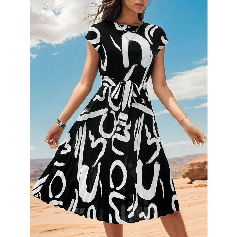 Printed Cap Sleeve Tie Waist Dress Black / M Apparel and Accessories