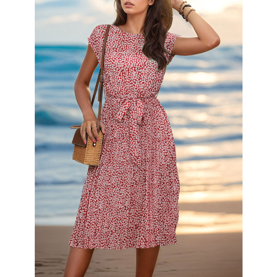 Printed Cap Sleeve Tie Waist Dress Brick Red / M Apparel and Accessories