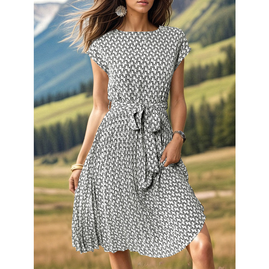 Printed Cap Sleeve Tie Waist Dress White / M Apparel and Accessories