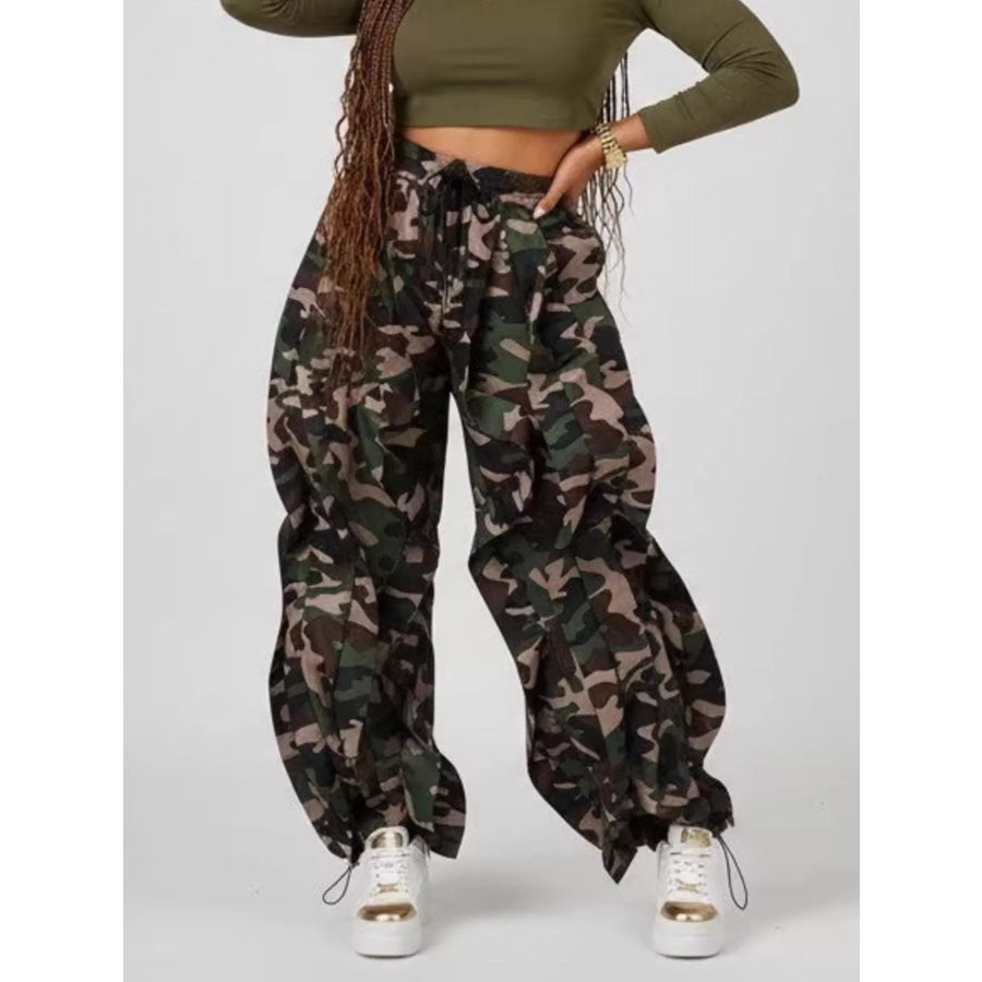 Printed Cargo Pants with Drawstring Waist Green Camouflage / S Apparel and Accessories