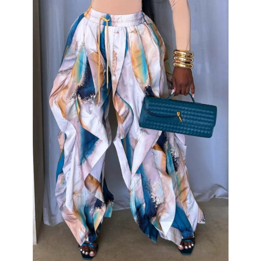 Printed Cargo Pants with Drawstring Waist Peacock Blue / S Apparel and Accessories