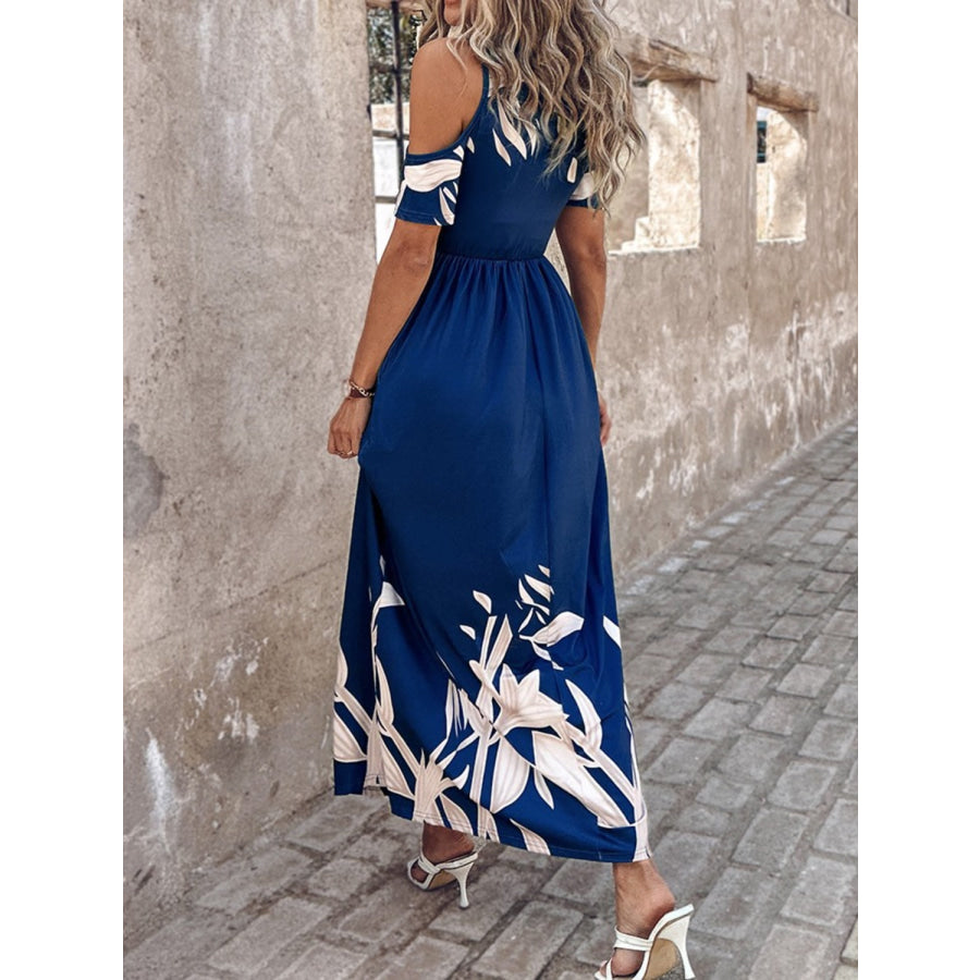 Printed Cold Shoulder Short Sleeve Maxi Dress Apparel and Accessories