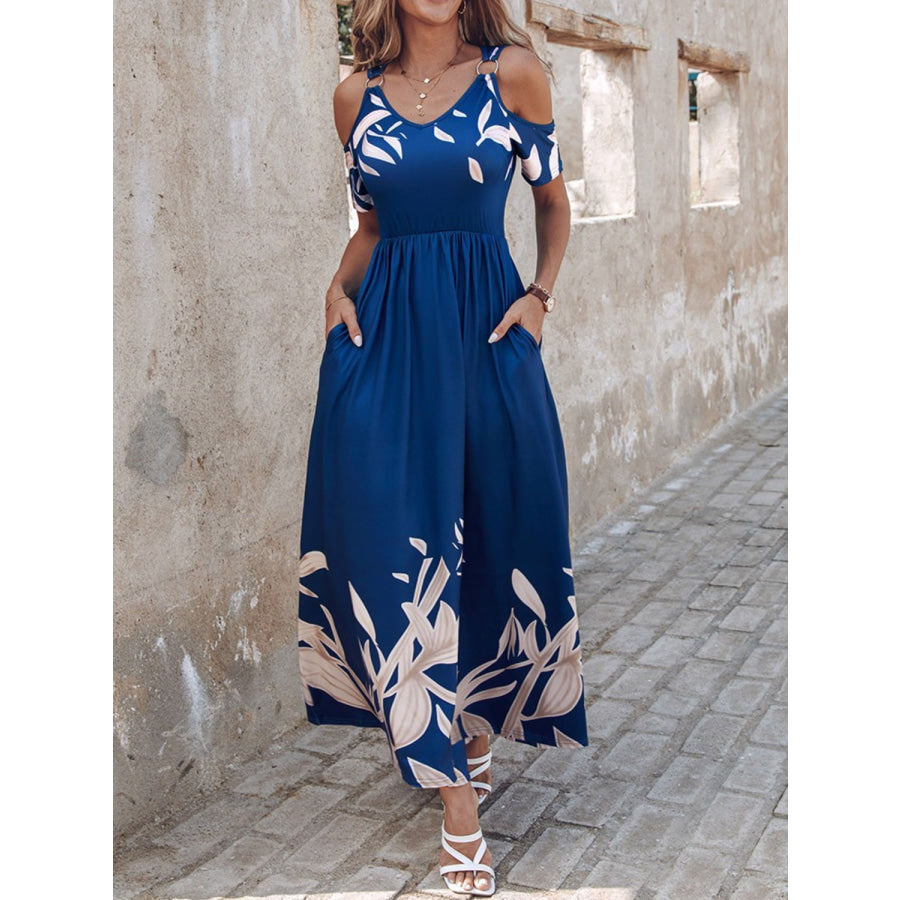 Printed Cold Shoulder Short Sleeve Maxi Dress Navy / S Apparel and Accessories