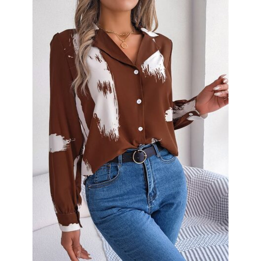 Printed Collared Neck Button Up Shirt Apparel and Accessories