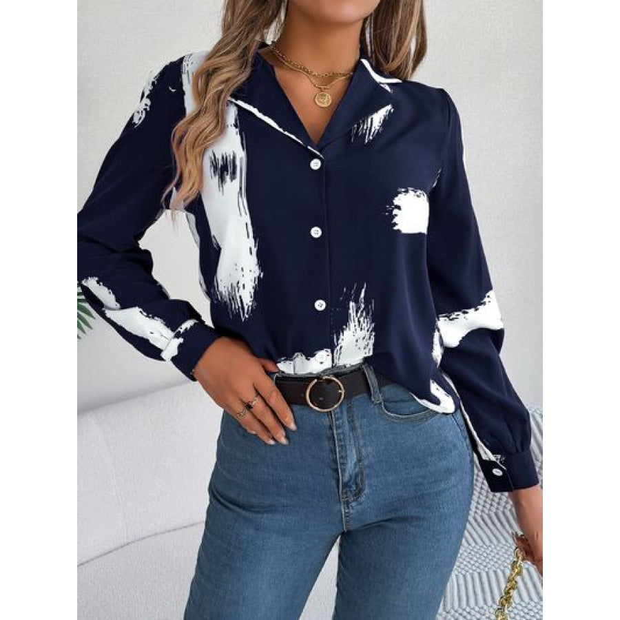 Printed Collared Neck Button Up Shirt Dark Navy / S Apparel and Accessories