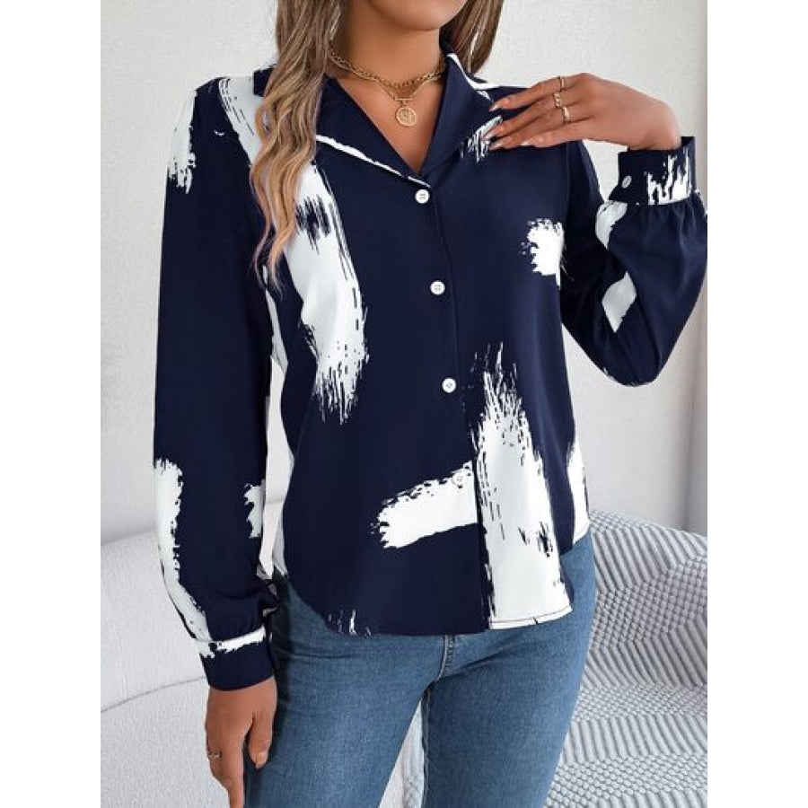 Printed Collared Neck Button Up Shirt Dark Navy / S Apparel and Accessories