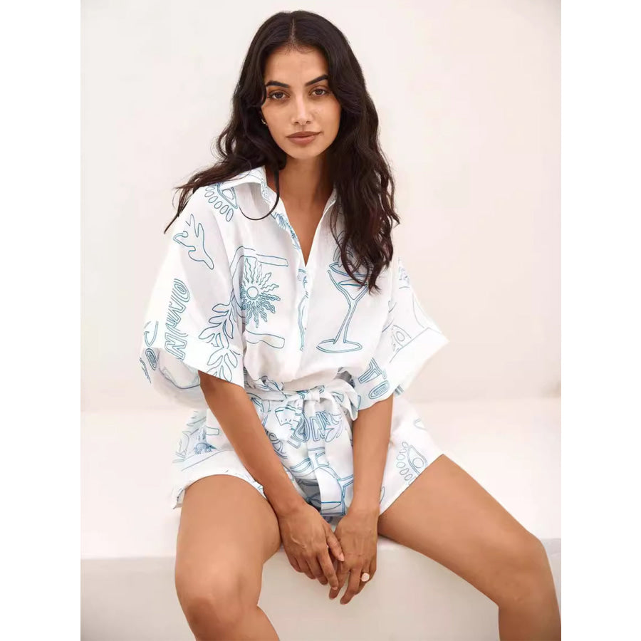 Printed Collared Neck Half Sleeve Romper Apparel and Accessories