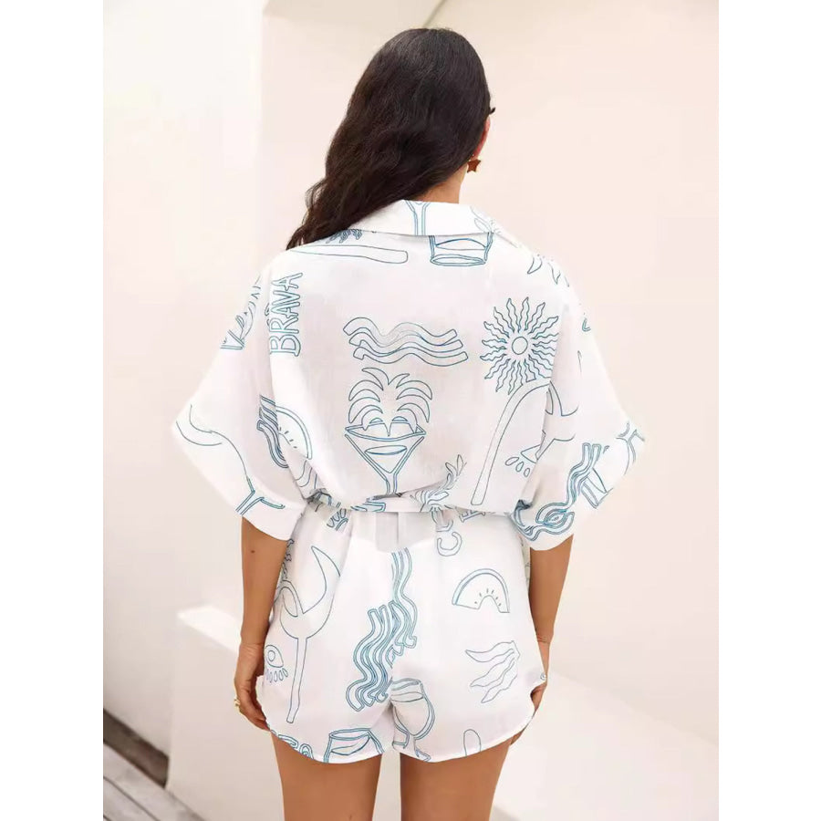 Printed Collared Neck Half Sleeve Romper White / S Apparel and Accessories