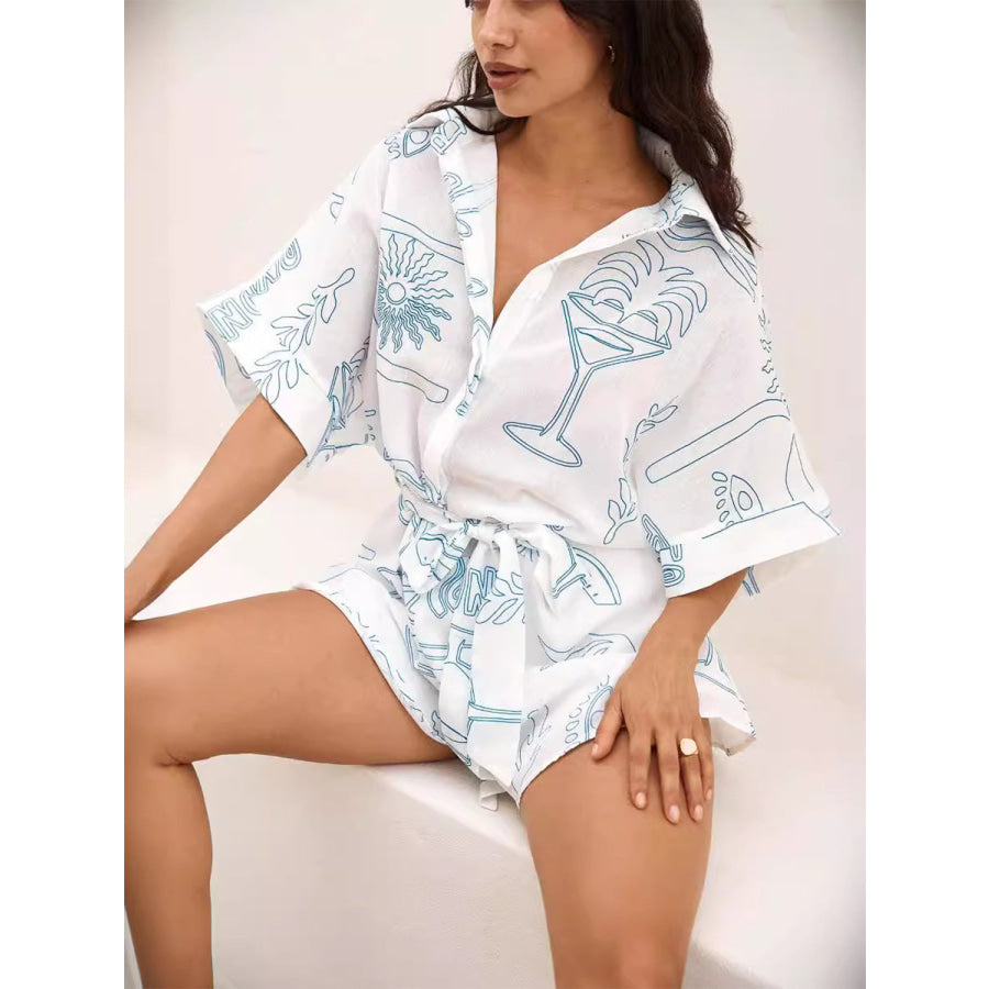 Printed Collared Neck Half Sleeve Romper Apparel and Accessories