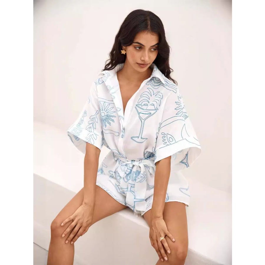 Printed Collared Neck Half Sleeve Romper White / S Apparel and Accessories