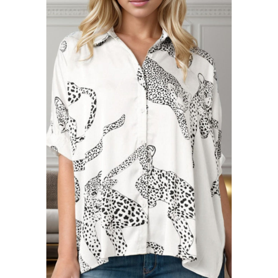 Printed Collared Neck Half Sleeve Shirt White / S Apparel and Accessories