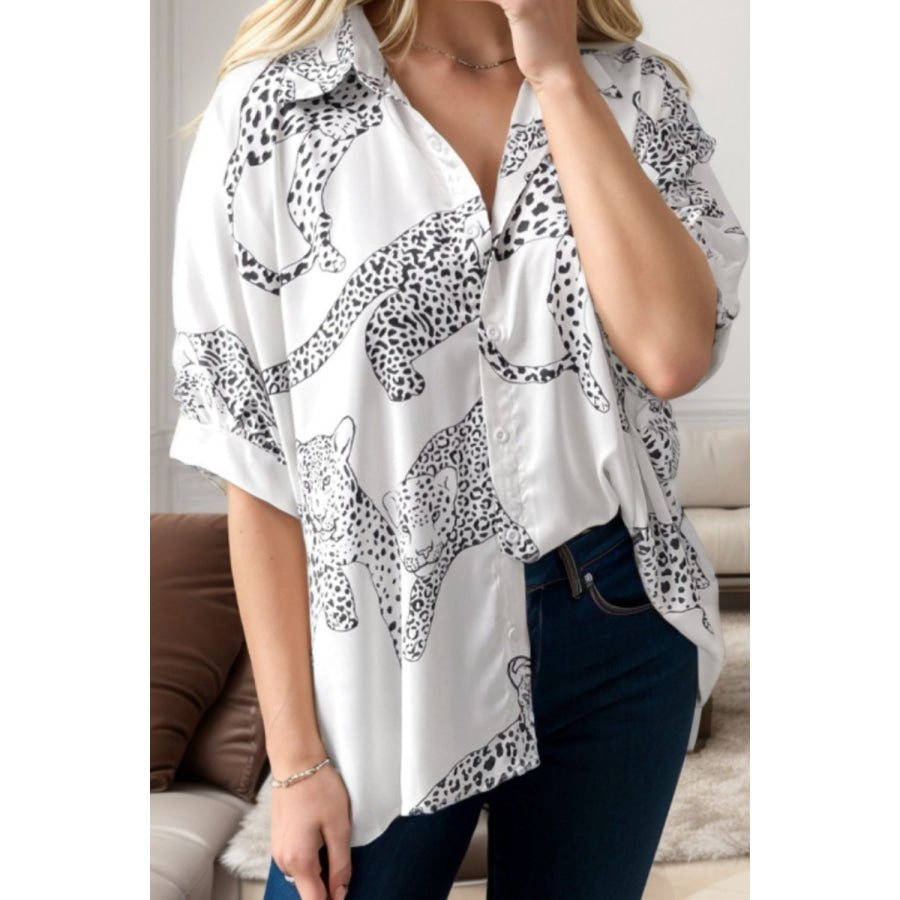 Printed Collared Neck Half Sleeve Shirt White / S Apparel and Accessories