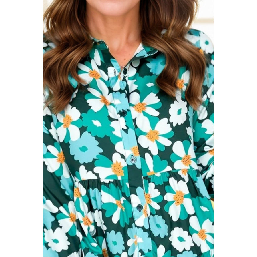 Printed Collared Neck Lantern Sleeve Mini Dress Apparel and Accessories