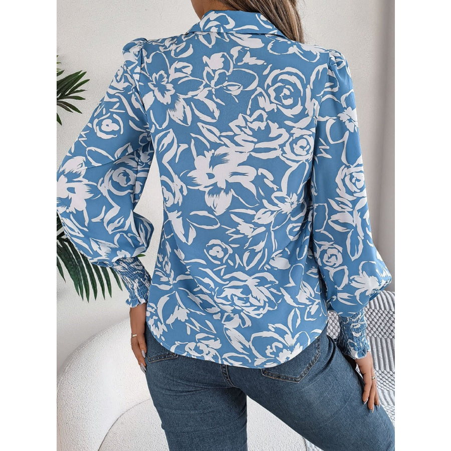 Printed Collared Neck Lantern Sleeve Shirt Light Blue / S Apparel and Accessories