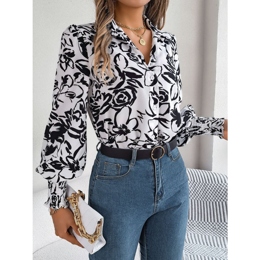 Printed Collared Neck Lantern Sleeve Shirt Apparel and Accessories