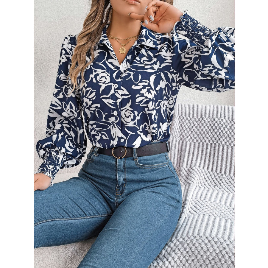 Printed Collared Neck Lantern Sleeve Shirt Apparel and Accessories