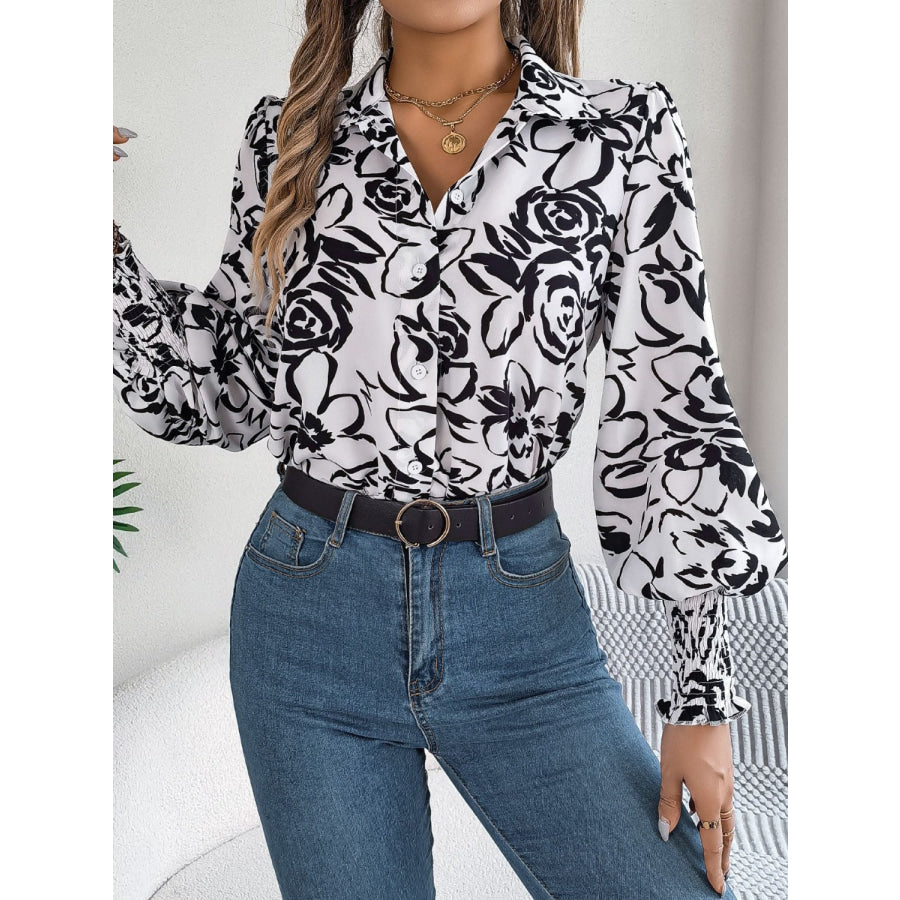 Printed Collared Neck Lantern Sleeve Shirt Apparel and Accessories