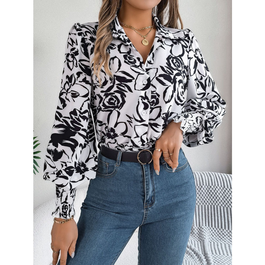 Printed Collared Neck Lantern Sleeve Shirt Apparel and Accessories