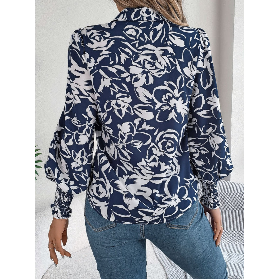 Printed Collared Neck Lantern Sleeve Shirt Apparel and Accessories