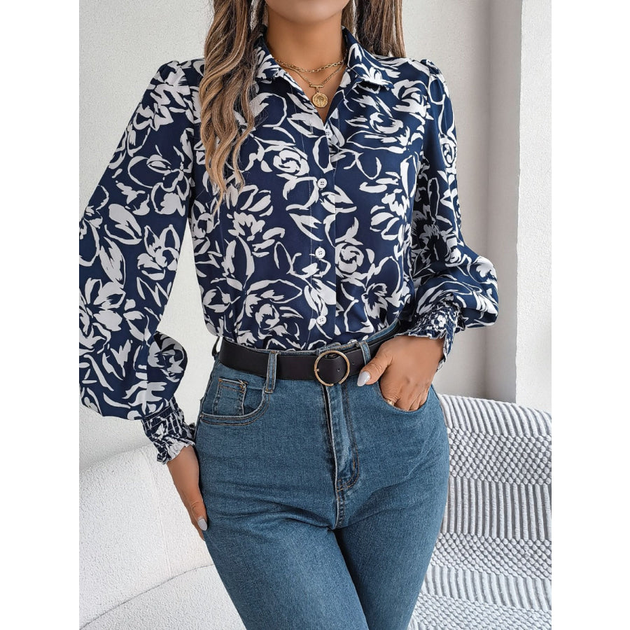 Printed Collared Neck Lantern Sleeve Shirt Apparel and Accessories