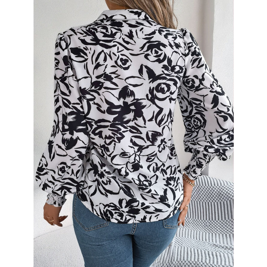 Printed Collared Neck Lantern Sleeve Shirt Apparel and Accessories