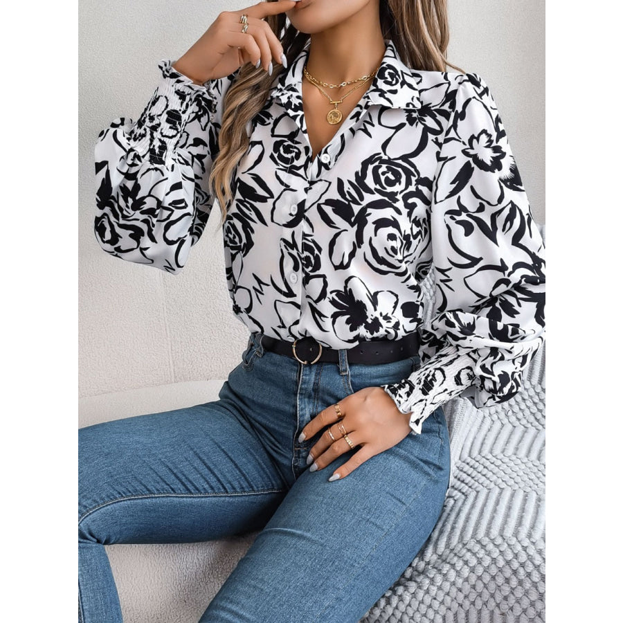 Printed Collared Neck Lantern Sleeve Shirt Apparel and Accessories